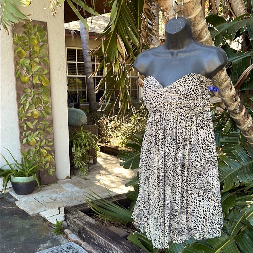 strapless, animal, print dress with metallic thre…